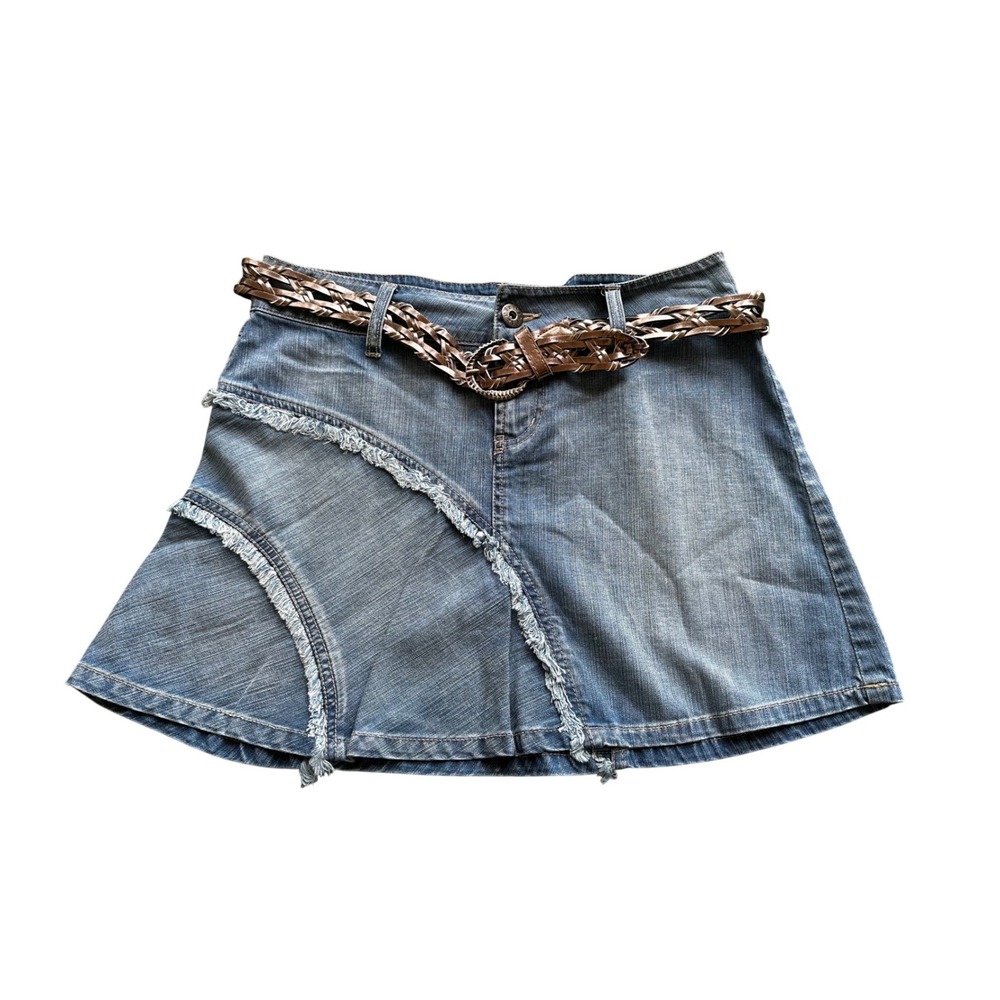 LEI Ashley Ultra Low Rise Denim Mini Skirt Y2K Frayed Tiered Blue Womens Size 5